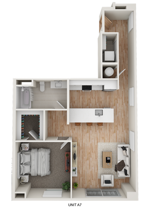 Floor plan for 1 bed, 1 bath, 859 sqft